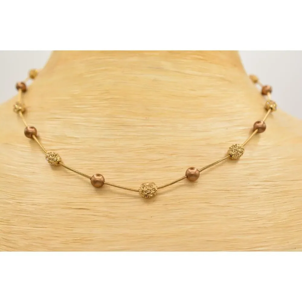 Monet Vintage Collar Necklace Bronze Pearl Beaded Crystal Signed Bin4B
